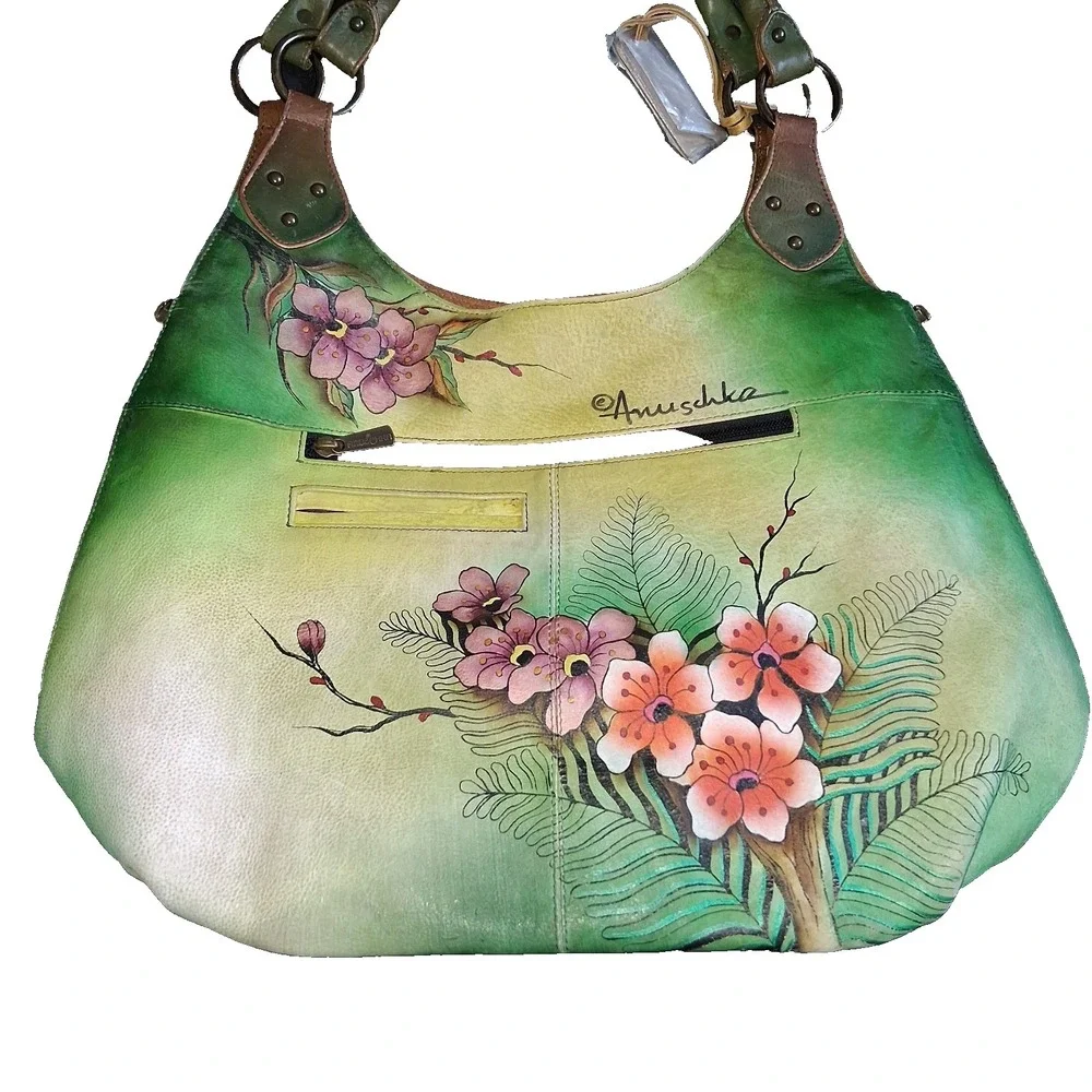 Anuschka Hand-Painted Leather Hobo Bag Peacocks Two sided Painting